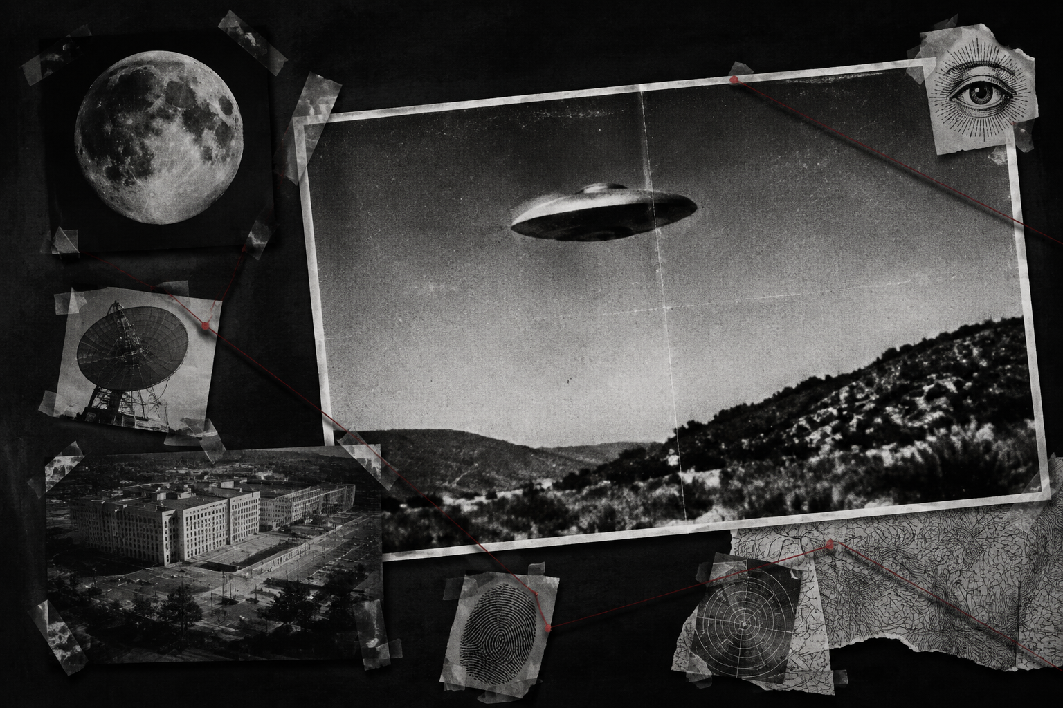 Illustrative evidence board with a UFO, moon, telescope, maps and surveillance photographs